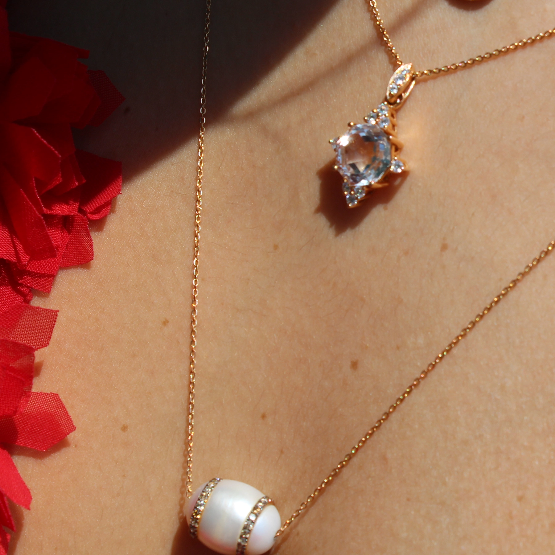 Oval Pearl & Brown Diamond Necklace - Image 2